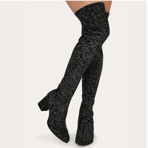 Sparkly Velvet Pointed Toe Thigh High Over the Knee Lugged Boot - Picture 1 of 12